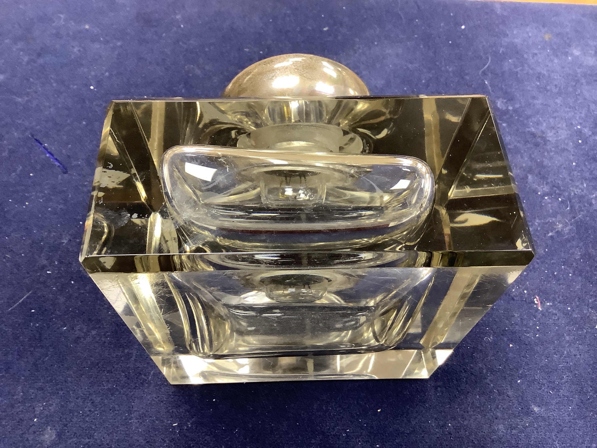 A George V large silver topped glass inkwell, makers mark C and co-, London 1912, 12.5 cm wide